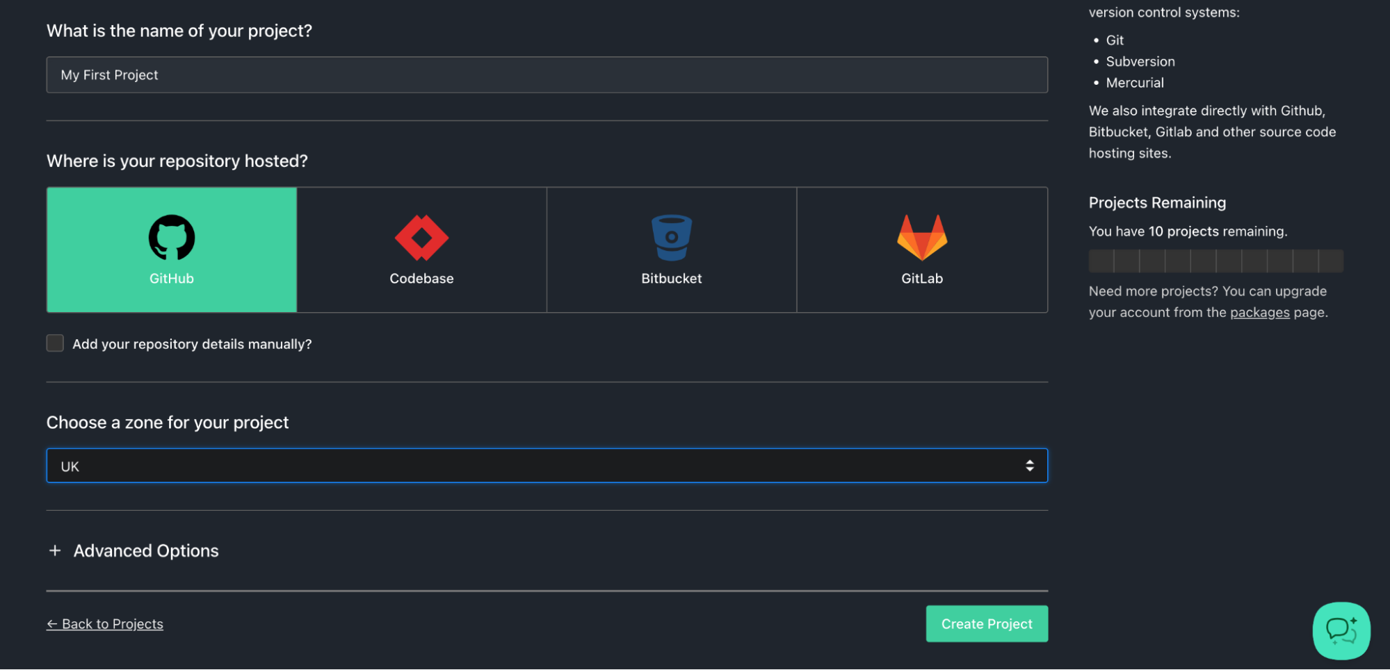 DeployHQ new project form with project name, repository and zone fields