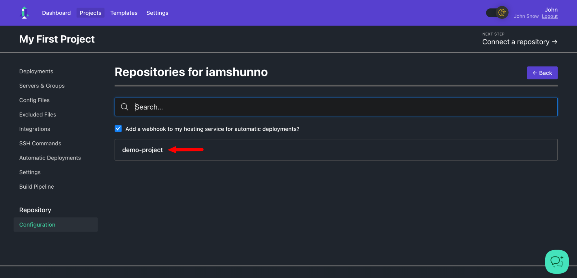 Repository selection list in <a href=