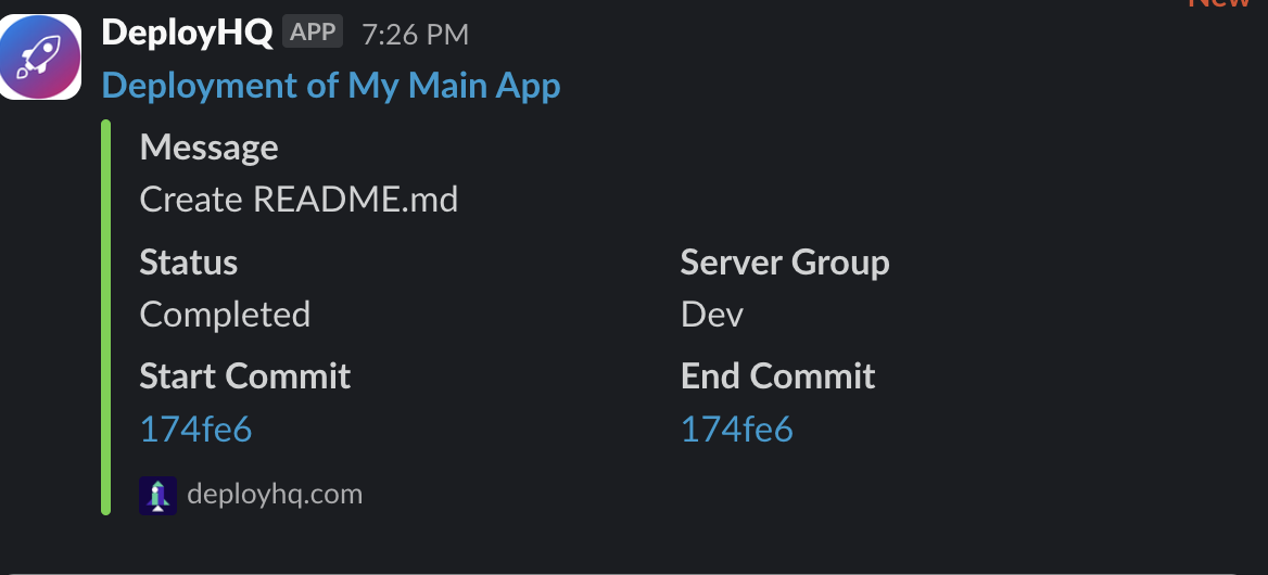 DeployHQ Slack integration message