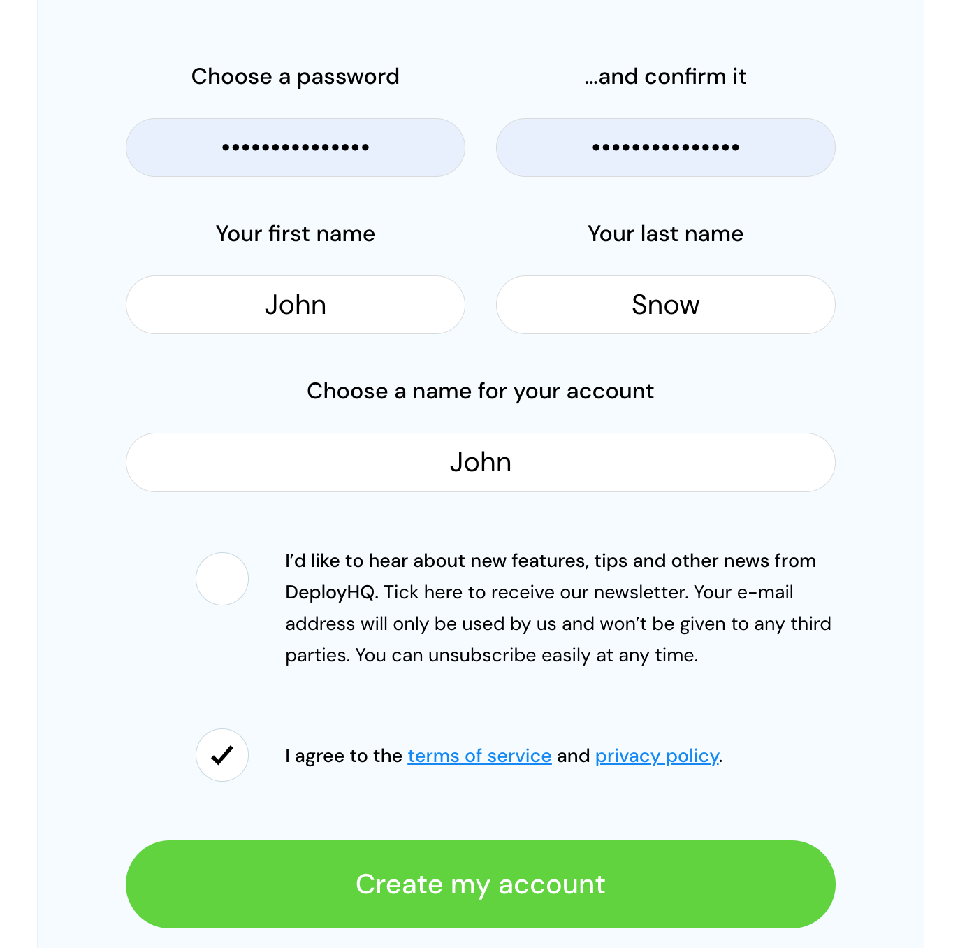 DeployHQ account creation form with name, username and password fields