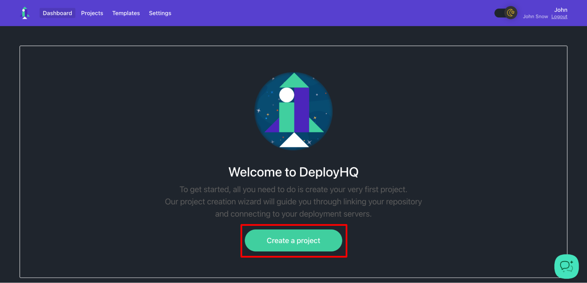 DeployHQ dashboard showing the Create a project button