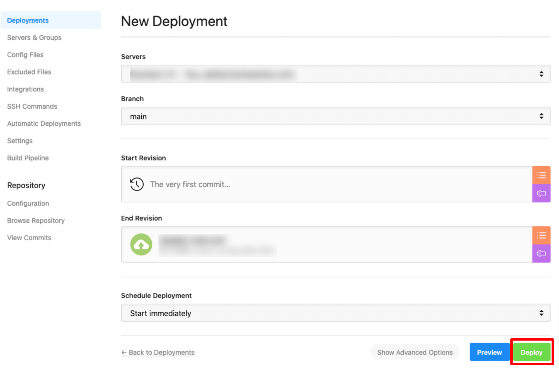 DeployHQ deployment screen showing revision selection and <a href=