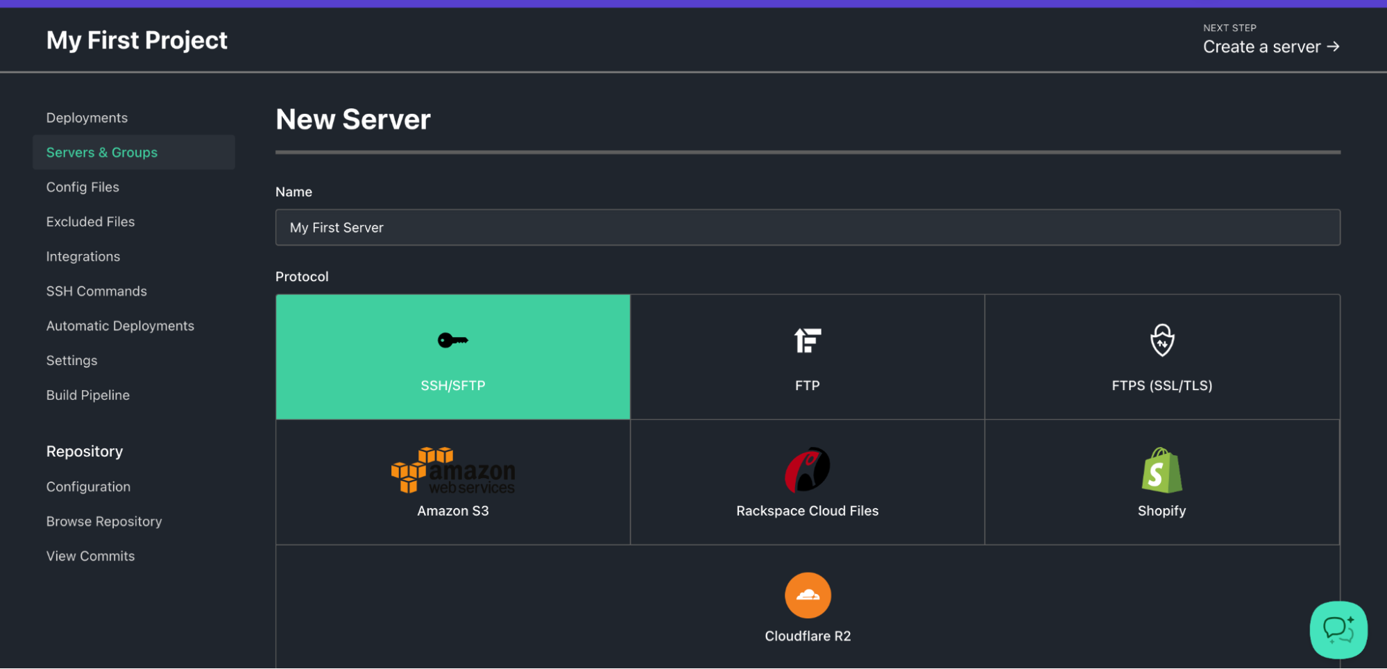 DeployHQ server configuration form with protocol and connection settings